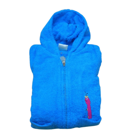 code 050830-AT-8A- Hooded Bathrobe -  "Minhoca"/"Earthworm" -  Turqoise blue  - 8 years